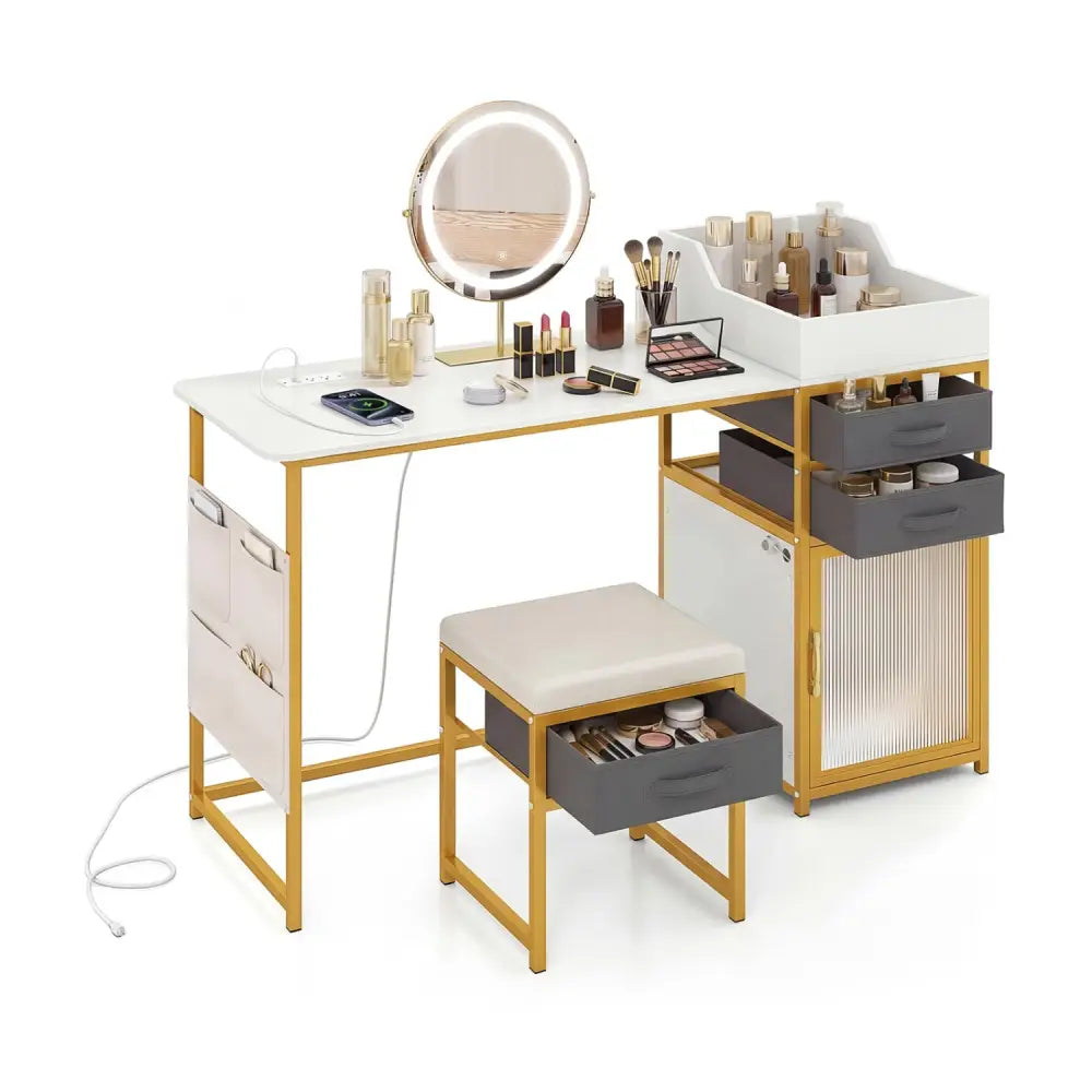 Vanity Desk with Rotatable Lighted Mirror 55 Inch Makeup Vanity Table-White - White - Makeup Vanities