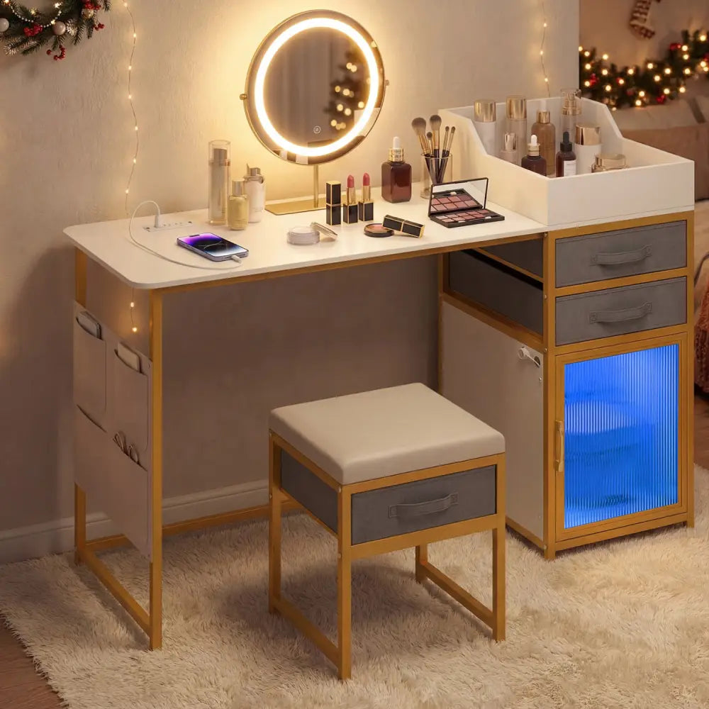 Vanity Desk with Rotatable Lighted Mirror 55 Inch Makeup Vanity Table-White - White - Makeup Vanities