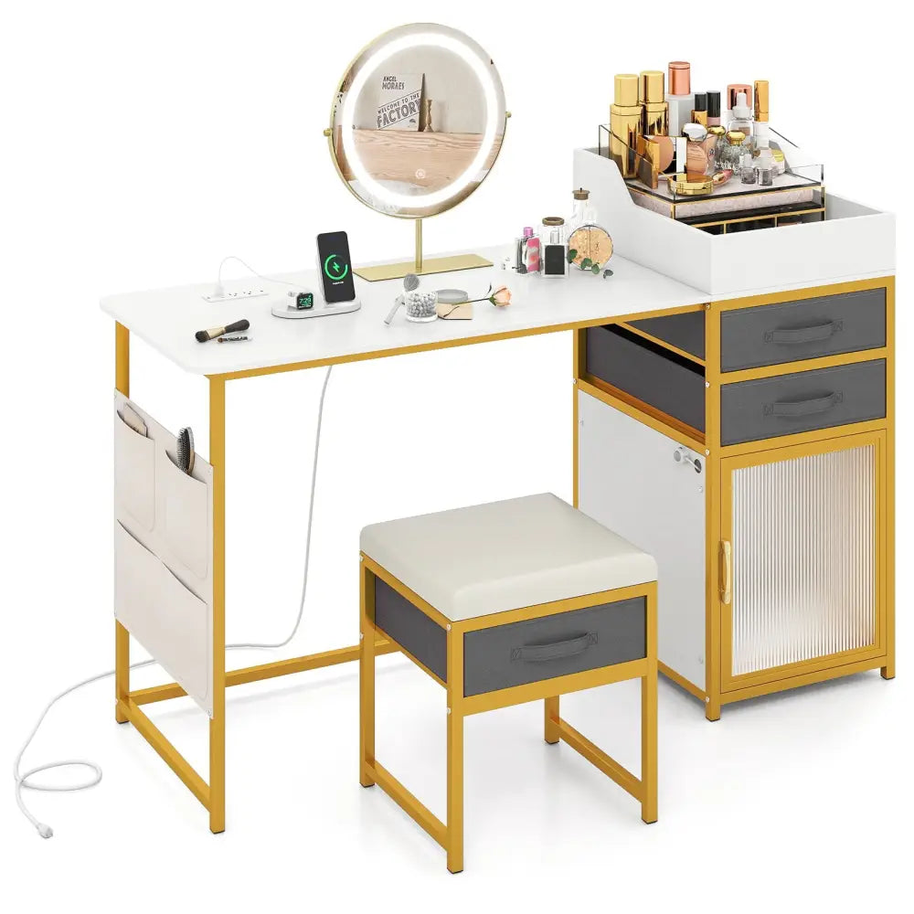 Vanity Desk with Rotatable Lighted Mirror 55 Inch Makeup Vanity Table-White - White - Makeup Vanities