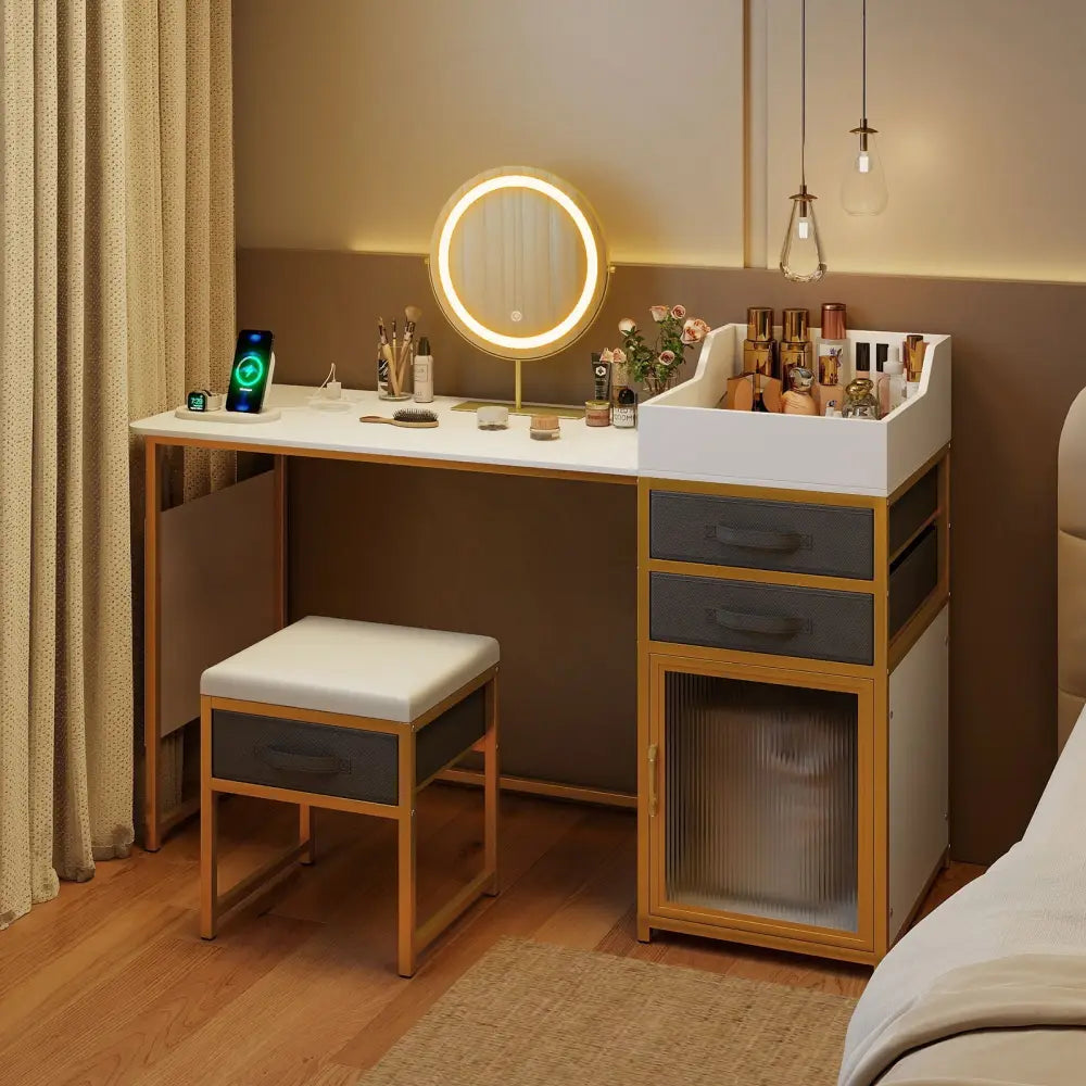 Vanity Desk with Rotatable Lighted Mirror 55 Inch Makeup Vanity Table-White - White - Makeup Vanities