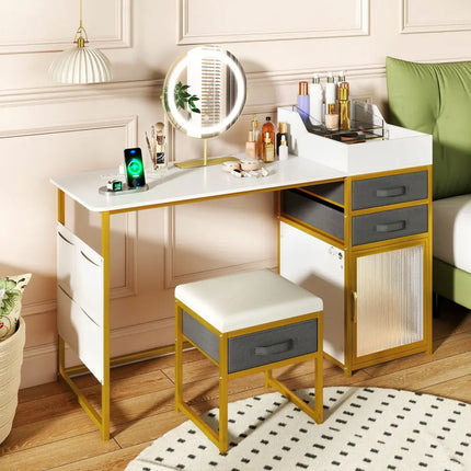 Vanity Desk with Rotatable Lighted Mirror 55 Inch Makeup Vanity Table-White - White - Makeup Vanities