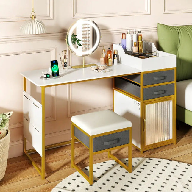 Vanity Desk with Rotatable Lighted Mirror 55 Inch Makeup Vanity Table-White - White - Makeup Vanities