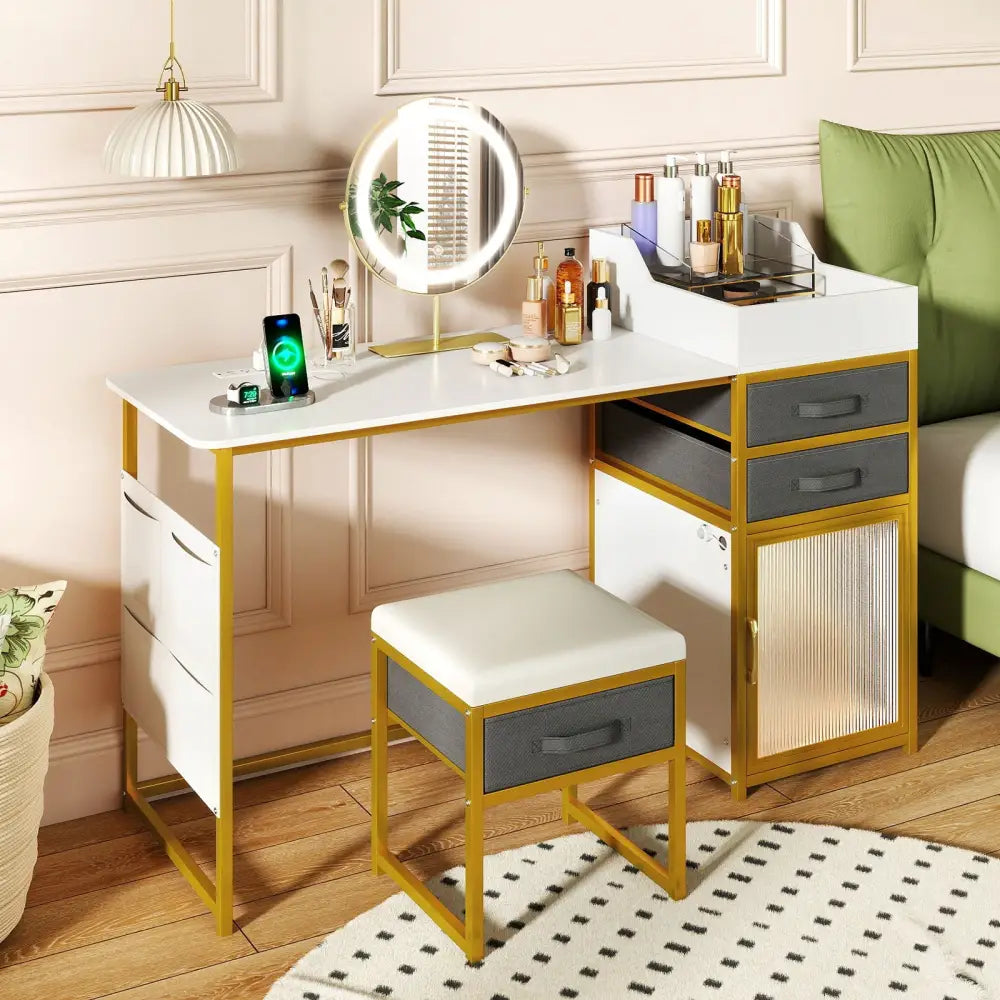 Vanity Desk with Rotatable Lighted Mirror 55 Inch Makeup Vanity Table-White - White - Makeup Vanities