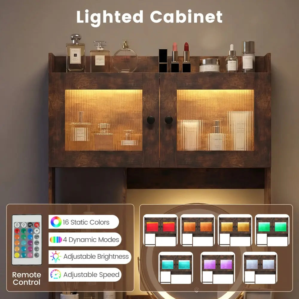 Vanity Desk with Rotatable Mirror and Lights Modern Dressing Table with 3 Light Colors-Brown - Brown - Makeup Vanities