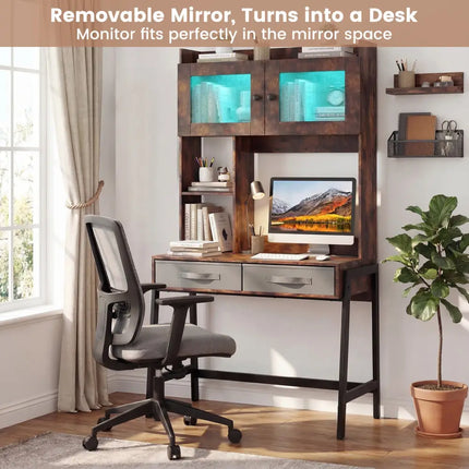 Vanity Desk with Rotatable Mirror and Lights Modern Dressing Table with 3 Light Colors-Brown - Brown - Makeup Vanities