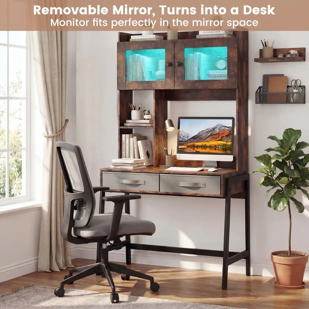 Vanity Desk with Rotatable Mirror and Lights Modern Dressing Table with 3 Light Colors-Brown - Brown - Makeup Vanities