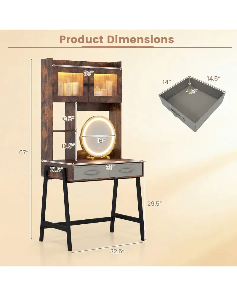 Vanity Desk with Rotatable Mirror and Lights Modern Dressing Table with 3 Light Colors-Brown - Brown - Makeup Vanities