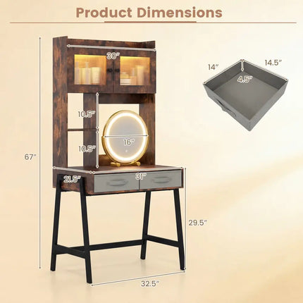 Vanity Desk with Rotatable Mirror and Lights Modern Dressing Table with 3 Light Colors-Brown - Brown - Makeup Vanities