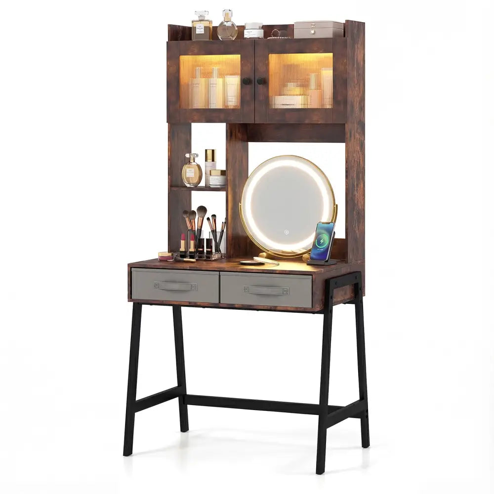 Vanity Desk with Rotatable Mirror and Lights Modern Dressing Table with 3 Light Colors-Brown - Brown - Makeup Vanities