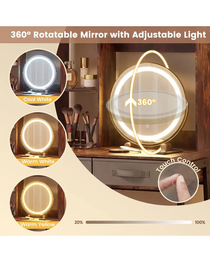 Vanity Desk with Rotatable Mirror and Lights Modern Dressing Table with 3 Light Colors-Brown - Brown - Makeup Vanities