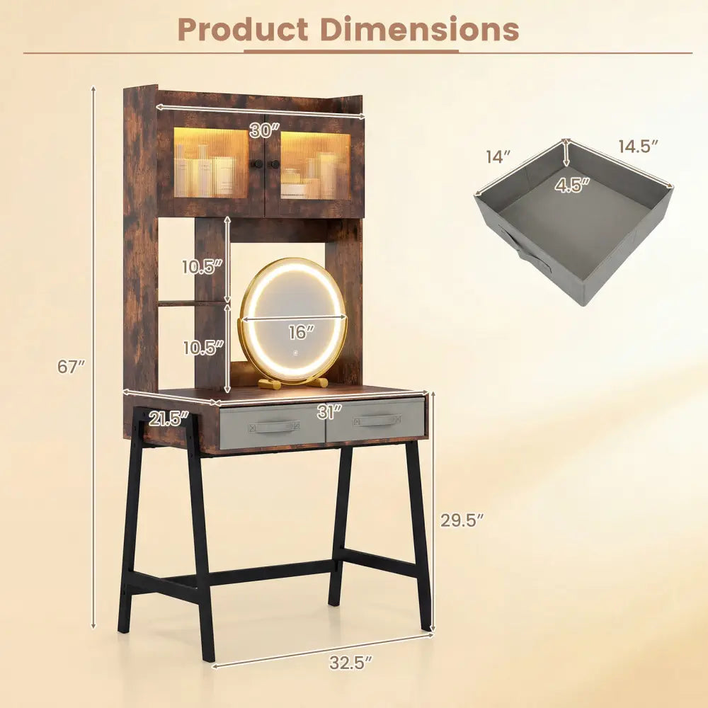 Vanity Desk with Rotatable Mirror and Lights Modern Dressing Table with 3 Light Colors-Brown - Brown - Makeup Vanities