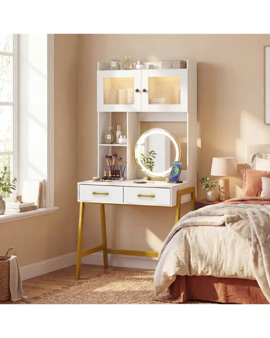 Vanity Desk with Rotatable Mirror and Lights Modern Dressing Table with 3 Light Colors-White - White - Makeup Vanities