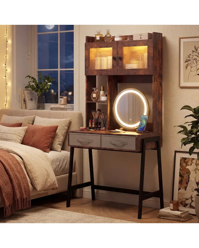 Vanity Desk with Rotatable Mirror and Lights Modern Dressing Table with 3 Light Colors-Brown - Brown - Makeup Vanities