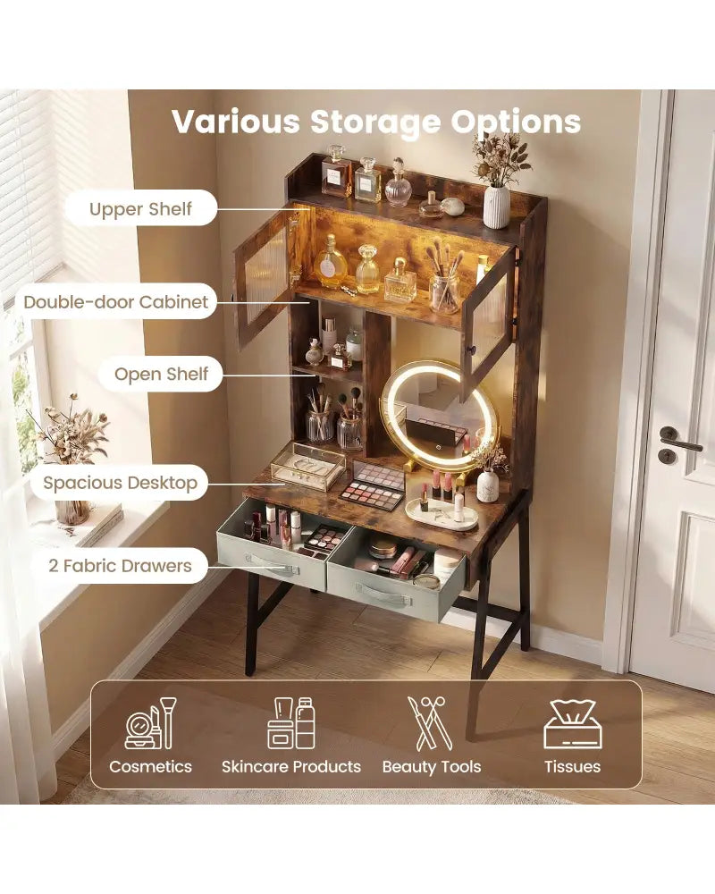 Vanity Desk with Rotatable Mirror and Lights Modern Dressing Table with 3 Light Colors-Brown - Brown - Makeup Vanities