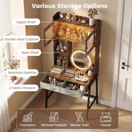 Vanity Desk with Rotatable Mirror and Lights Modern Dressing Table with 3 Light Colors-Brown - Brown - Makeup Vanities