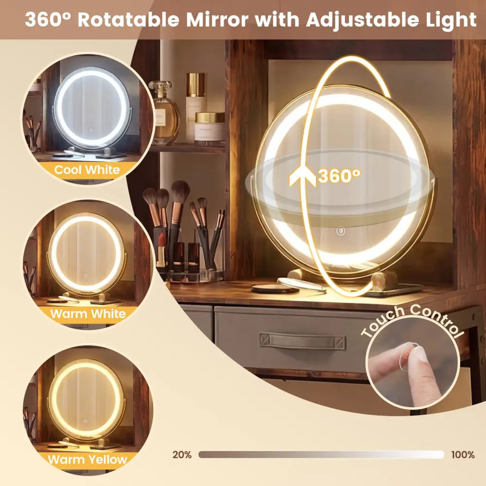 Vanity Desk with Rotatable Mirror and Lights Modern Dressing Table with 3 Light Colors-Brown - Brown - Makeup Vanities