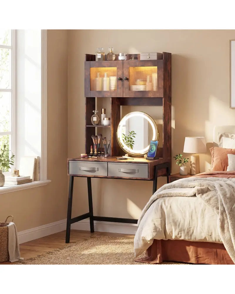 Vanity Desk with Rotatable Mirror and Lights Modern Dressing Table with 3 Light Colors-Brown - Brown - Makeup Vanities