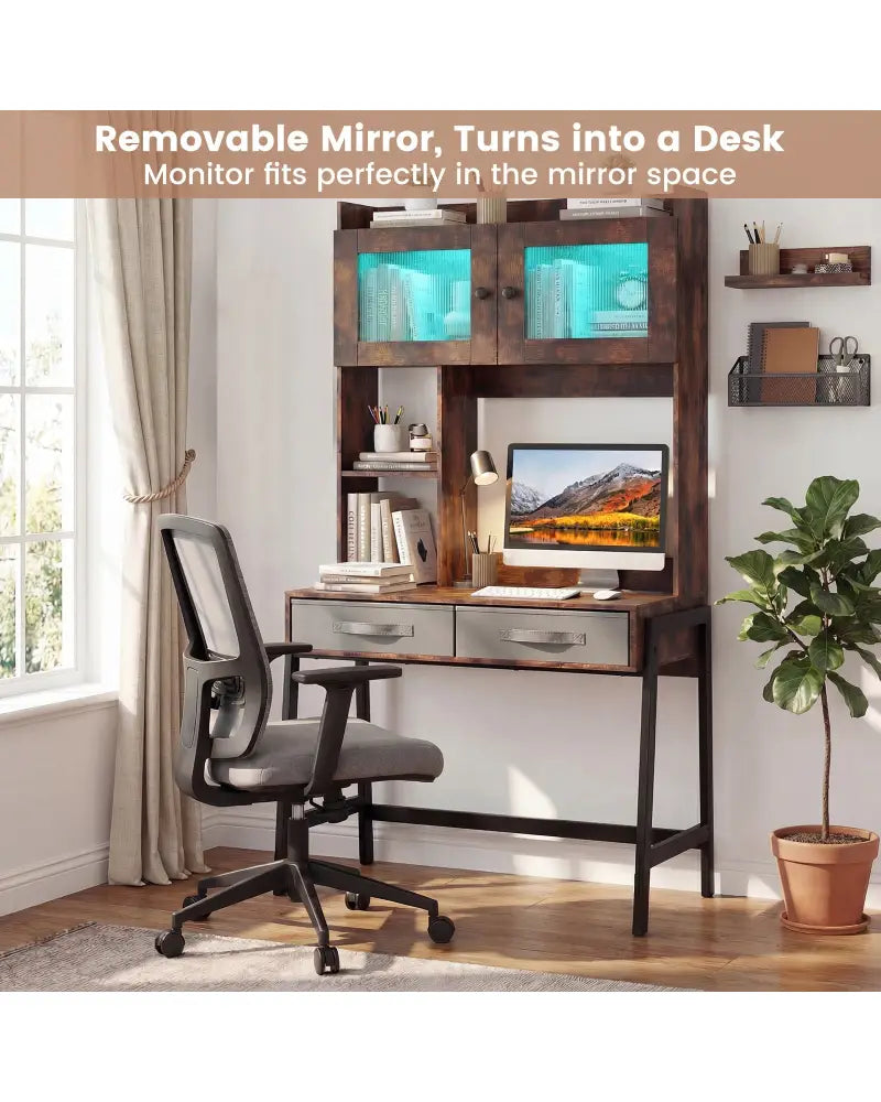 Vanity Desk with Rotatable Mirror and Lights Modern Dressing Table with 3 Light Colors-Brown - Brown - Makeup Vanities