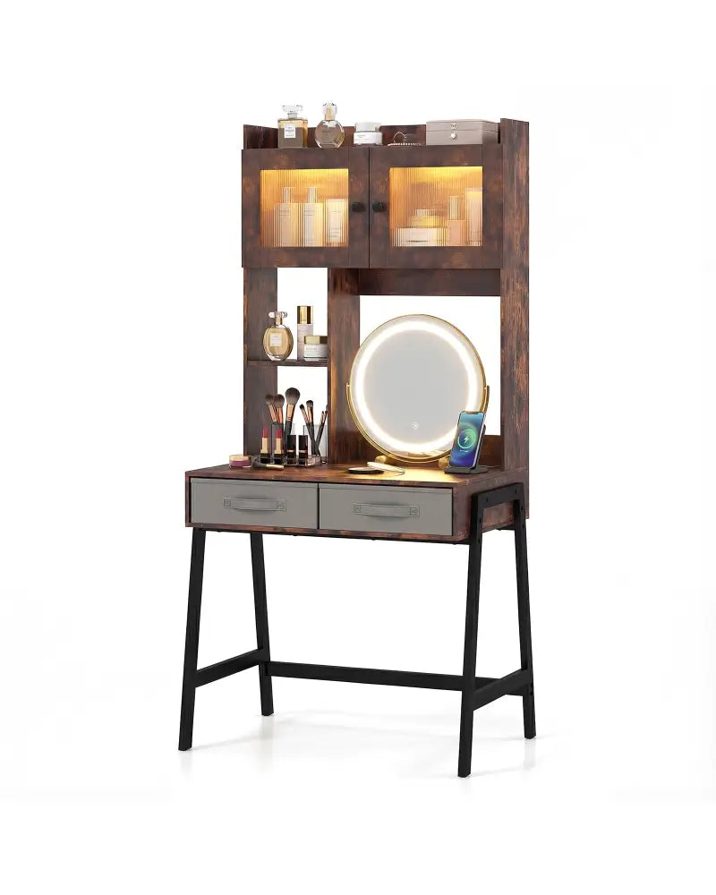 Vanity Desk with Rotatable Mirror and Lights Modern Dressing Table with 3 Light Colors-Brown - Brown - Makeup Vanities