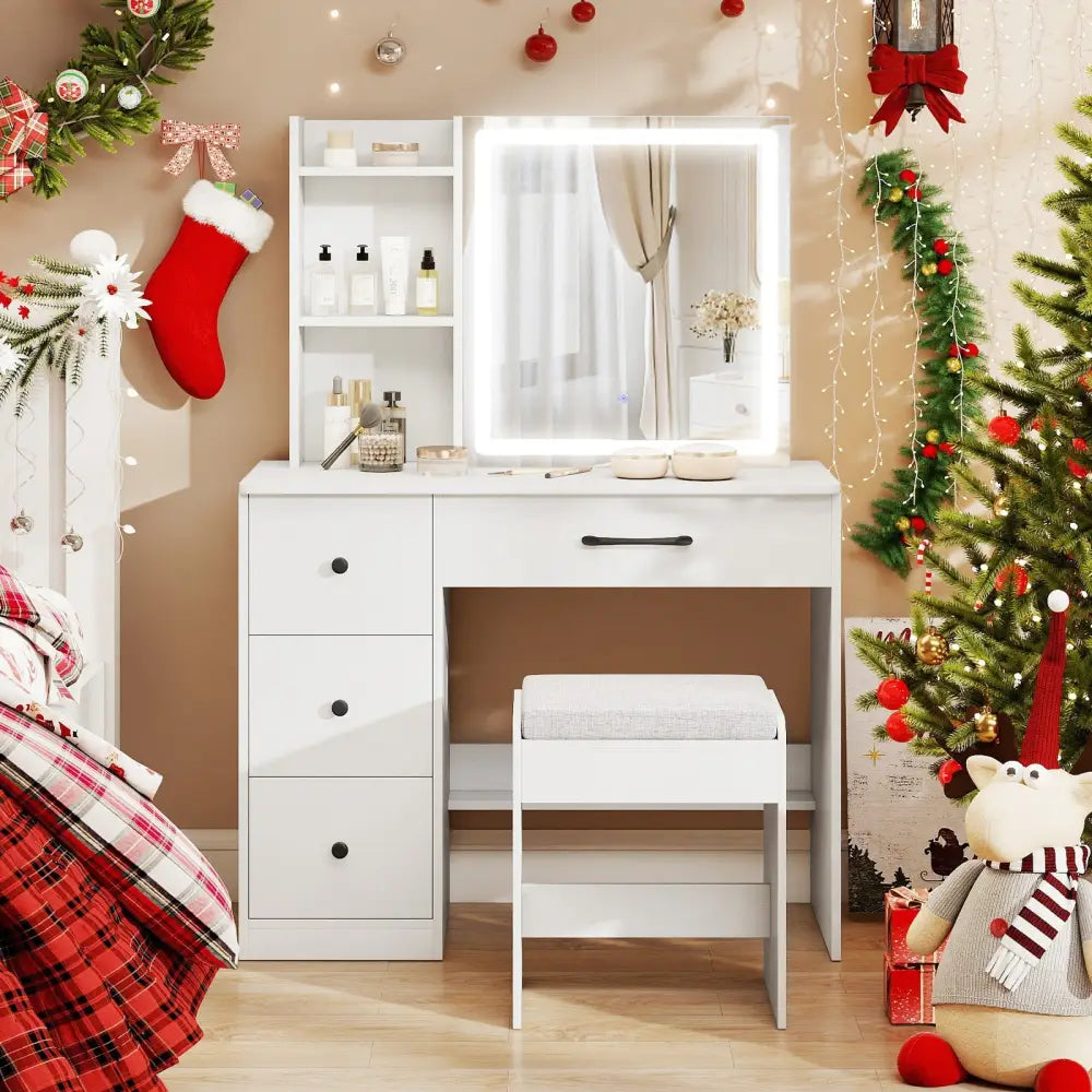 Vanity Desk with Sliding Mirror and Lights Makeup Table and Chair Set with 4 Drawers-White - White - Makeup Vanities