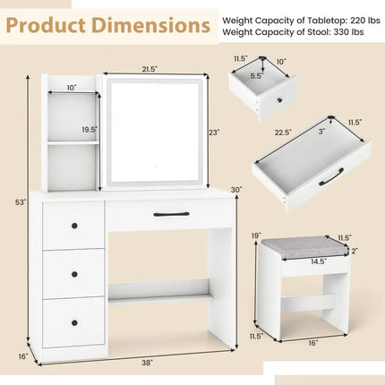Vanity Desk with Sliding Mirror and Lights Makeup Table and Chair Set with 4 Drawers-White - White - Makeup Vanities