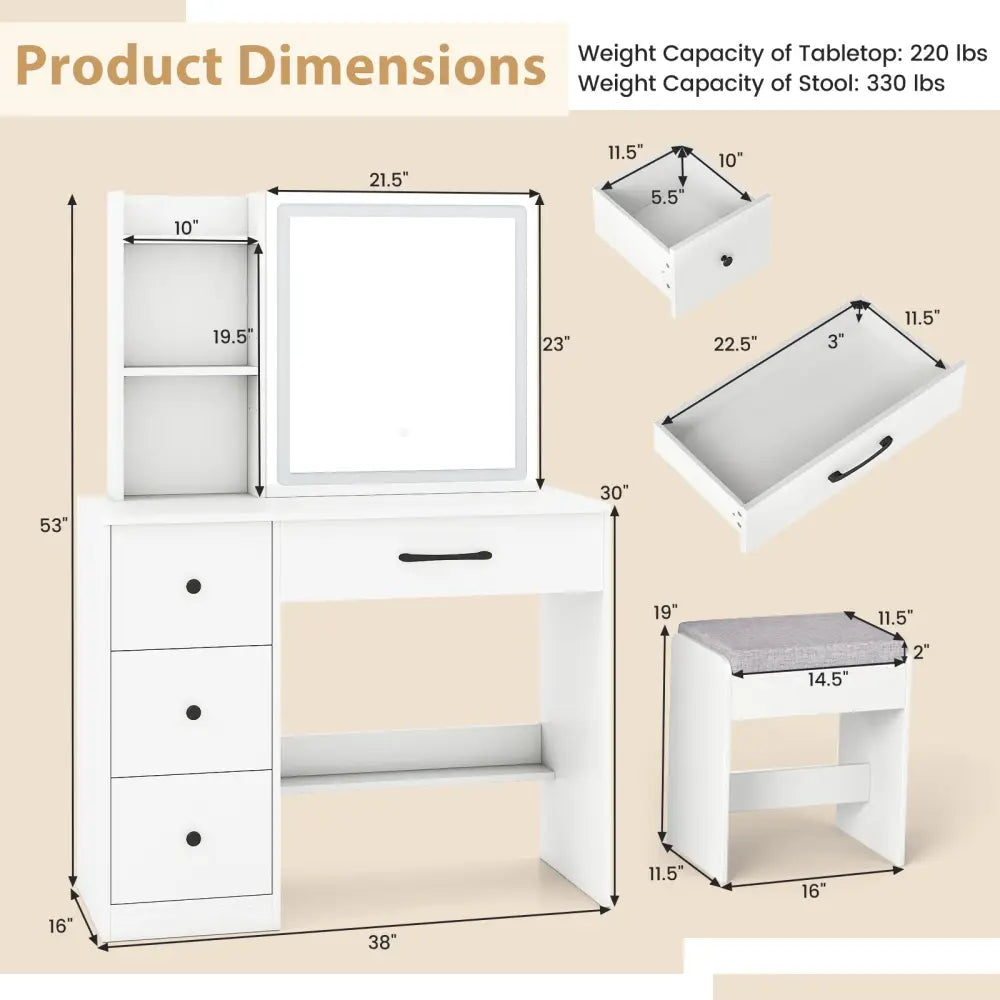 Vanity Desk with Sliding Mirror and Lights Makeup Table and Chair Set with 4 Drawers-White - White - Makeup Vanities
