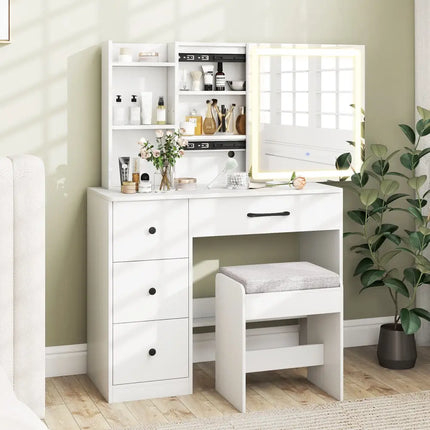 Vanity Desk with Sliding Mirror and Lights Makeup Table and Chair Set with 4 Drawers-White - White - Makeup Vanities