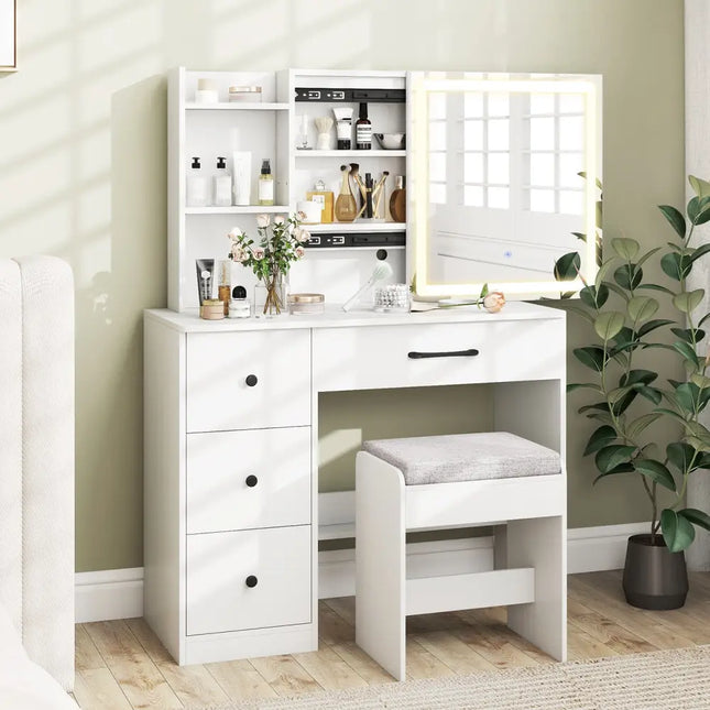 Vanity Desk with Sliding Mirror and Lights Makeup Table and Chair Set with 4 Drawers-White - White - Makeup Vanities