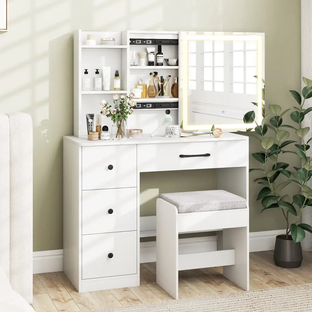 Vanity Desk with Sliding Mirror and Lights Makeup Table and Chair Set with 4 Drawers-White - White - Makeup Vanities