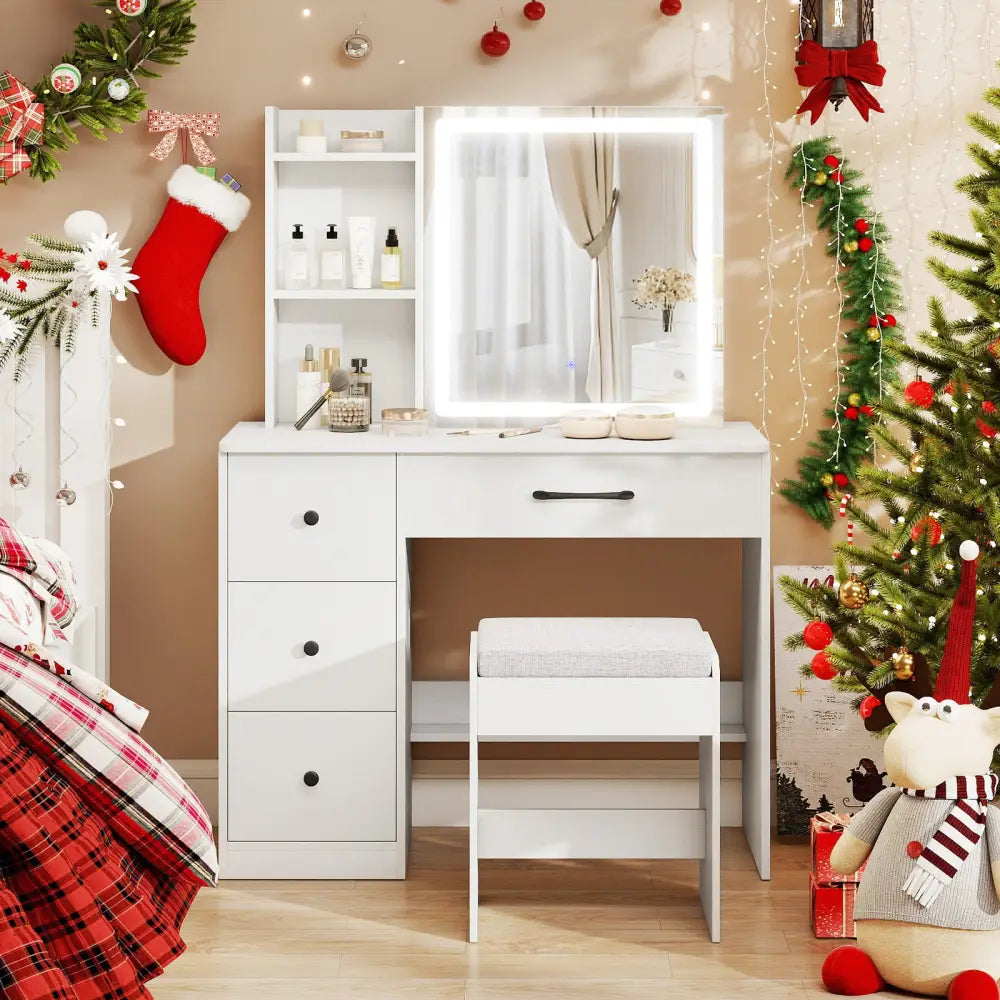 Vanity Desk with Sliding Mirror and Lights Makeup Table and Chair Set with 4 Drawers-White - White - Makeup Vanities