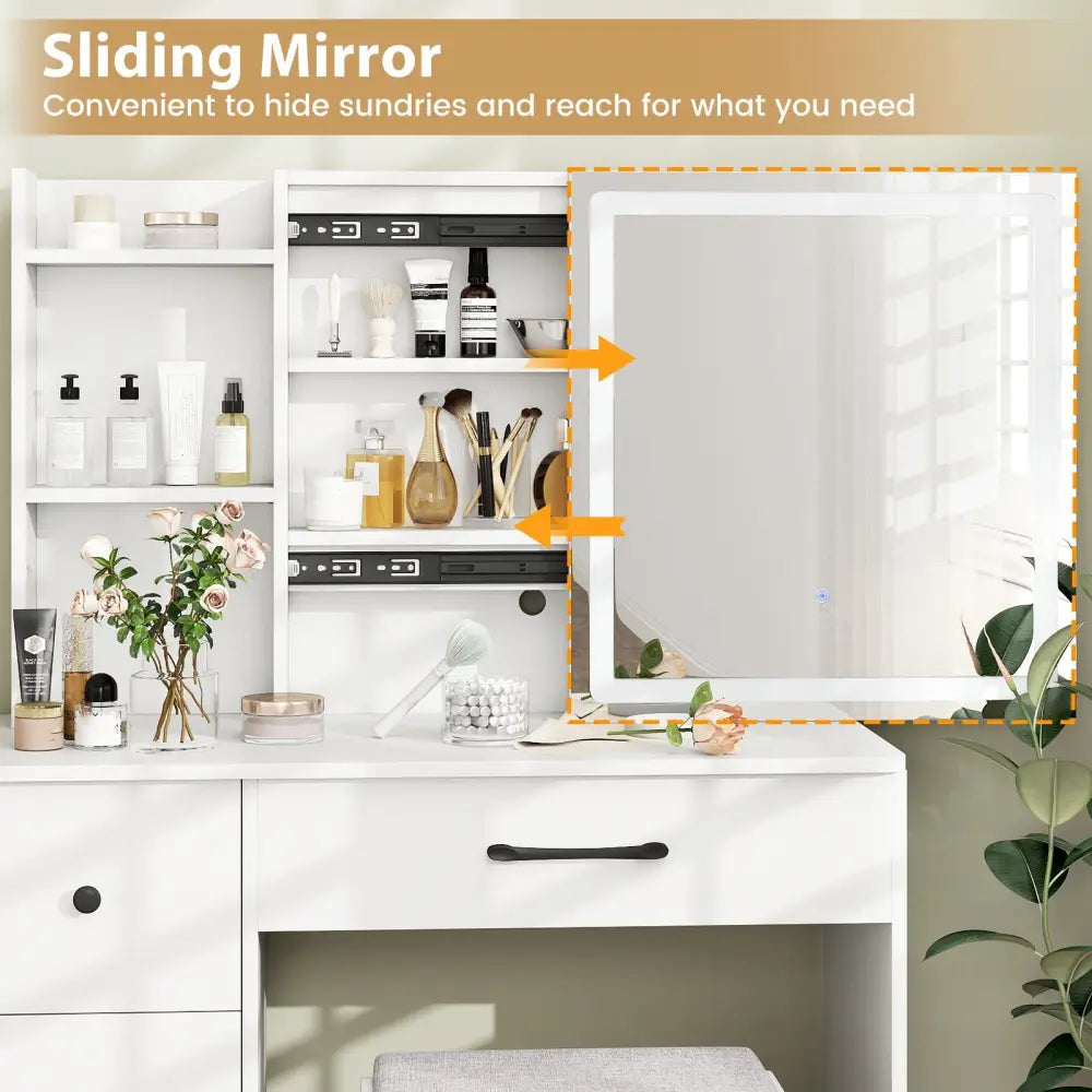 Vanity Desk with Sliding Mirror and Lights Makeup Table and Chair Set with 4 Drawers-White - White - Makeup Vanities