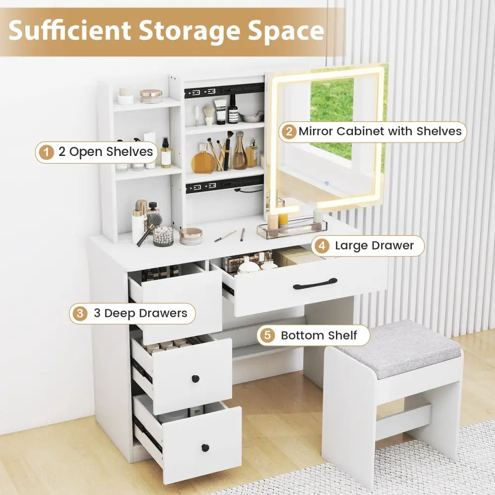 Vanity Desk with Sliding Mirror and Lights Makeup Table and Chair Set with 4 Drawers-White - White - Makeup Vanities