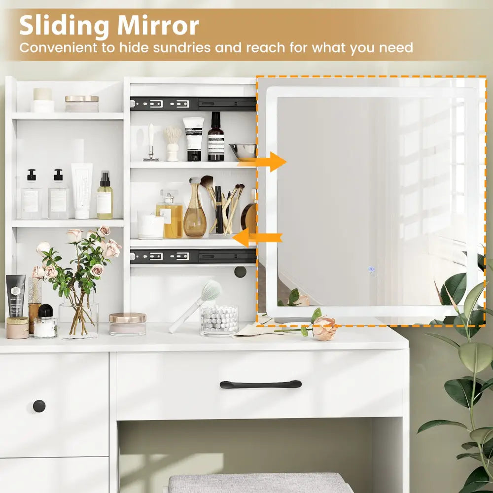 Vanity Desk with Sliding Mirror and Lights Makeup Table and Chair Set with 4 Drawers-White - White - Makeup Vanities
