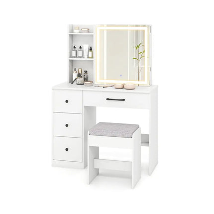 Vanity Desk with Sliding Mirror and Lights Makeup Table and Chair Set with 4 Drawers-White - White - Makeup Vanities