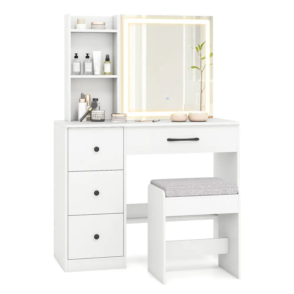 Vanity Desk with Sliding Mirror and Lights Makeup Table and Chair Set with 4 Drawers-White - White - Makeup Vanities