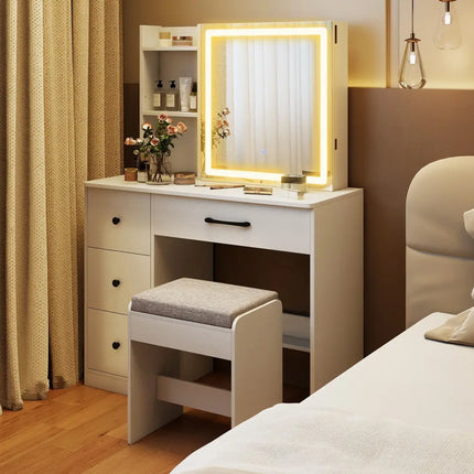 Vanity Desk with Sliding Mirror and Lights Makeup Table and Chair Set with 4 Drawers-White - White - Makeup Vanities