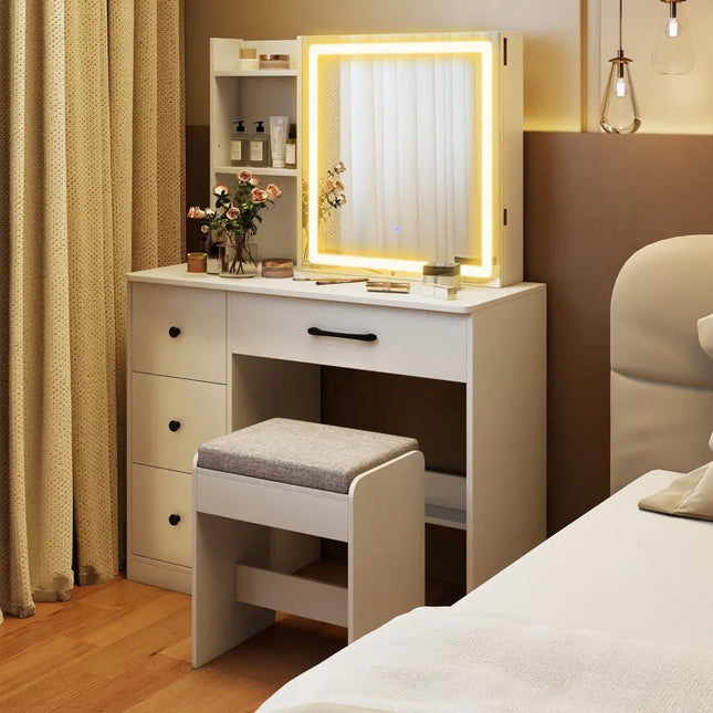 Vanity Desk with Sliding Mirror and Lights Makeup Table and Chair Set with 4 Drawers-White - White - Makeup Vanities