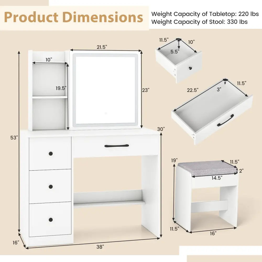 Vanity Desk with Sliding Mirror and Lights Makeup Table and Chair Set with 4 Drawers-White - White - Makeup Vanities