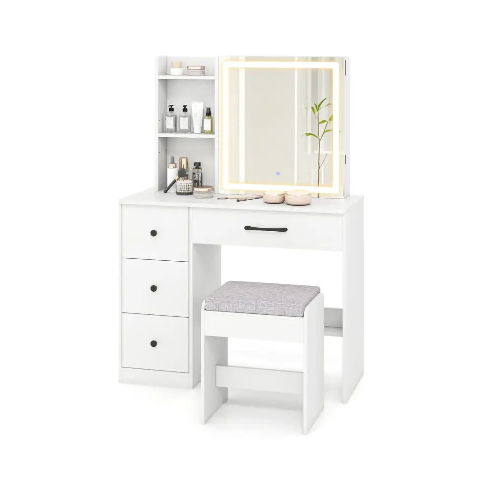 Vanity Desk with Sliding Mirror and Lights Makeup Table and Chair Set with 4 Drawers-White - White - Makeup Vanities
