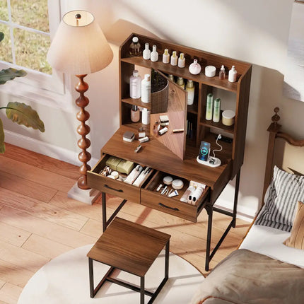 Vanity Desk with Storage Drawers and Charging Station-Walnut - Walnut - Makeup Vanities