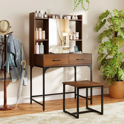 Vanity Desk with Storage Drawers and Charging Station-Walnut - Walnut - Makeup Vanities