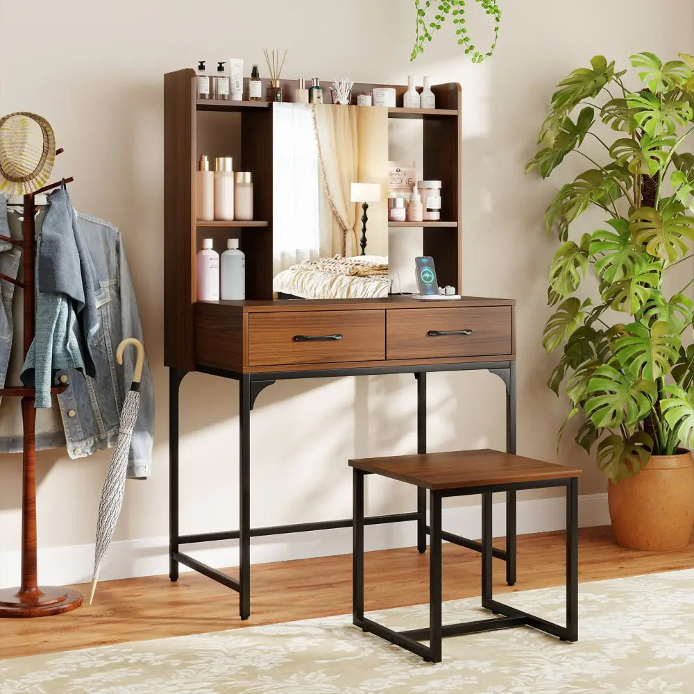 Vanity Desk with Storage Drawers and Charging Station-Walnut - Walnut - Makeup Vanities