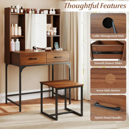 Vanity Desk with Storage Drawers and Charging Station-Walnut - Walnut - Makeup Vanities
