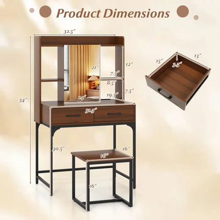 Vanity Desk with Storage Drawers and Charging Station-Walnut - Walnut - Makeup Vanities
