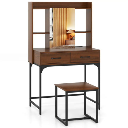 Vanity Desk with Storage Drawers and Charging Station-Walnut - Walnut - Makeup Vanities