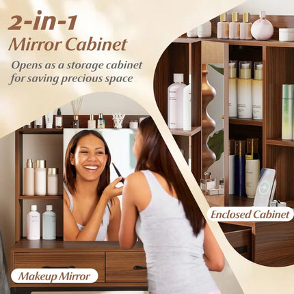 Vanity Desk with Storage Drawers and Charging Station-Walnut - Walnut - Makeup Vanities