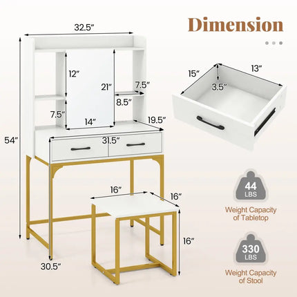 Vanity Desk with Storage Drawers and Charging Station-White - White - Makeup Vanities
