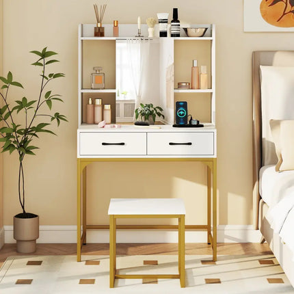 Vanity Desk with Storage Drawers and Charging Station-White - White - Makeup Vanities