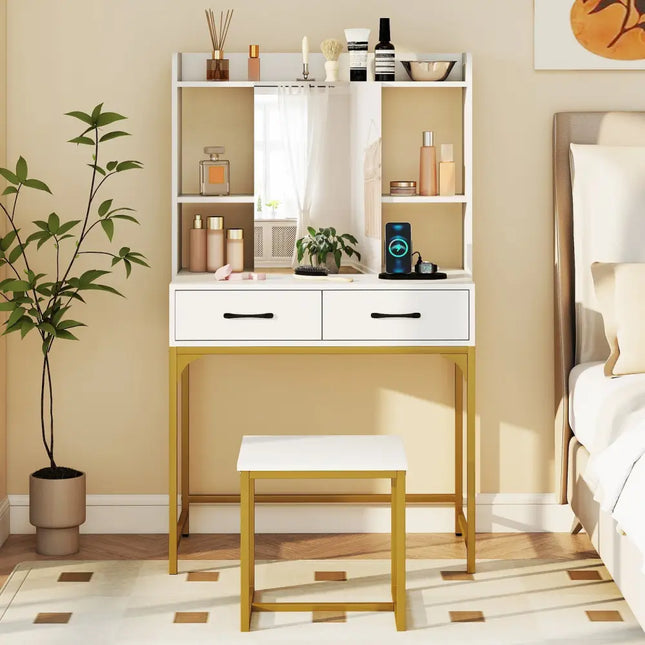 Vanity Desk with Storage Drawers and Charging Station-White - White - Makeup Vanities