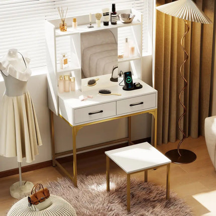 Vanity Desk with Storage Drawers and Charging Station-White - White - Makeup Vanities